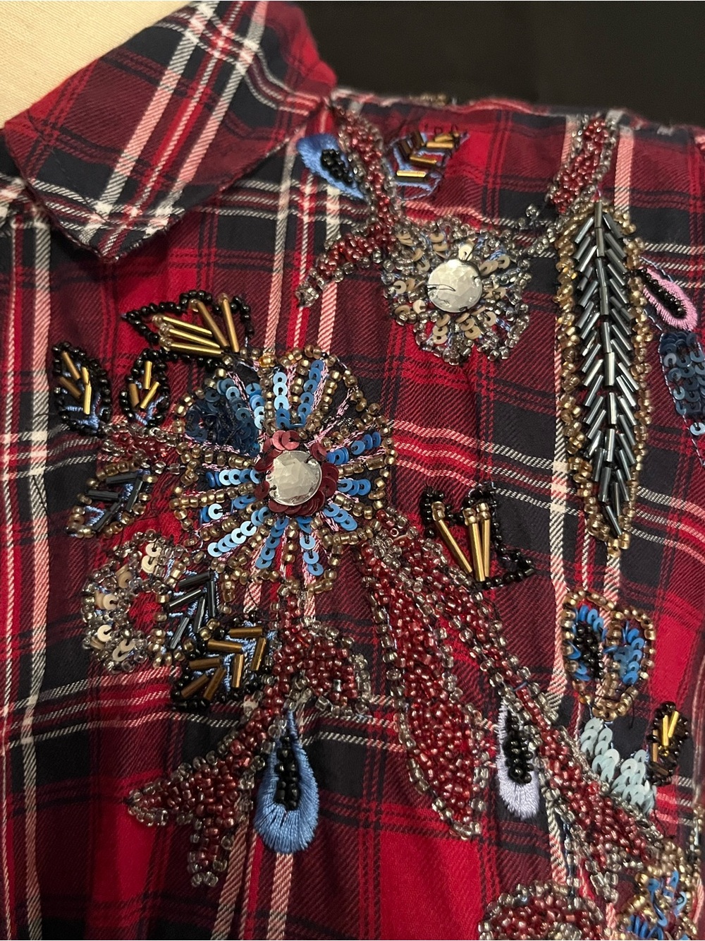 Zara Embroidered Red Plaid Button-Front Shirt - Picture 9 of 9
